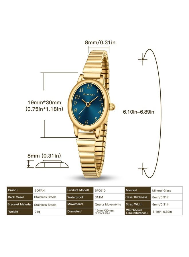 BOFAN Small Gold Watches for Women Easy Read Ladies Quartz Wrist Watch with Stainless Steel Expansion Band,Waterproof., Blue-Gold, 6.10in-6.89in, Classic - Image 4