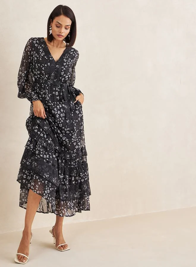 فيميلا Floral Print V Neck Ruffle Maxi Dress with Long Sleeves by Styli