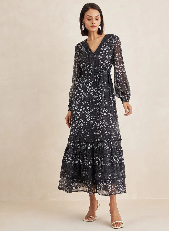فيميلا Floral Print V Neck Ruffle Maxi Dress with Long Sleeves by Styli