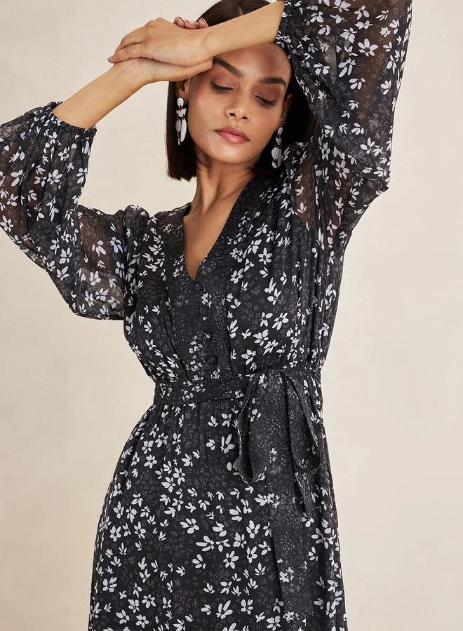 فيميلا Floral Print V Neck Ruffle Maxi Dress with Long Sleeves by Styli