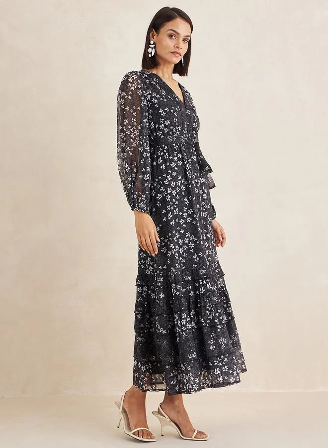 فيميلا Floral Print V Neck Ruffle Maxi Dress with Long Sleeves by Styli
