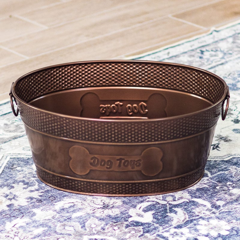 BREKX Indestructible Metal Dog Toy Bin - Copper Galvanized Storage Bin with Handles, Pet Storage Organizer - Ropes, Blankets, & Leashes, Bone Design Pet Toy Box (15-Quart) - Image 4