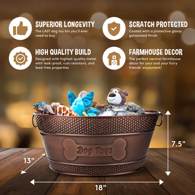 BREKX Indestructible Metal Dog Toy Bin - Copper Galvanized Storage Bin with Handles, Pet Storage Organizer - Ropes, Blankets, & Leashes, Bone Design Pet Toy Box (15-Quart) - Image 5