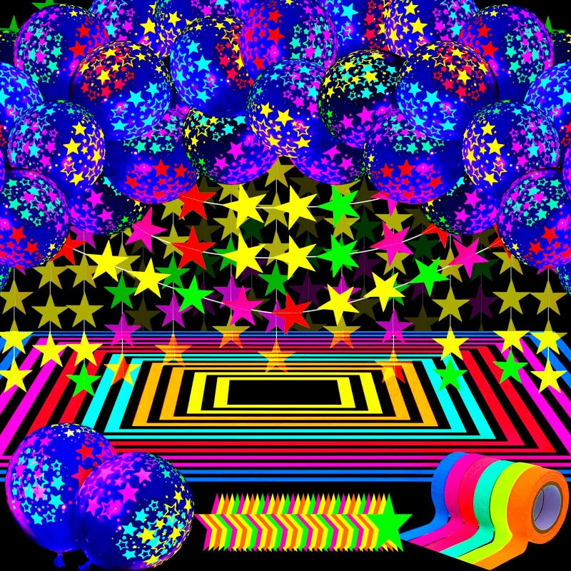 Skylety 32 Pcs Glow in The Dark Party Supplies Neon Party Favors with 25 Fluorescent Balloon 6 Rolls 984 ft UV Blacklight Luminous Tape 144 ft Neon Streamer Garland for AdultsClear Star - Image 3