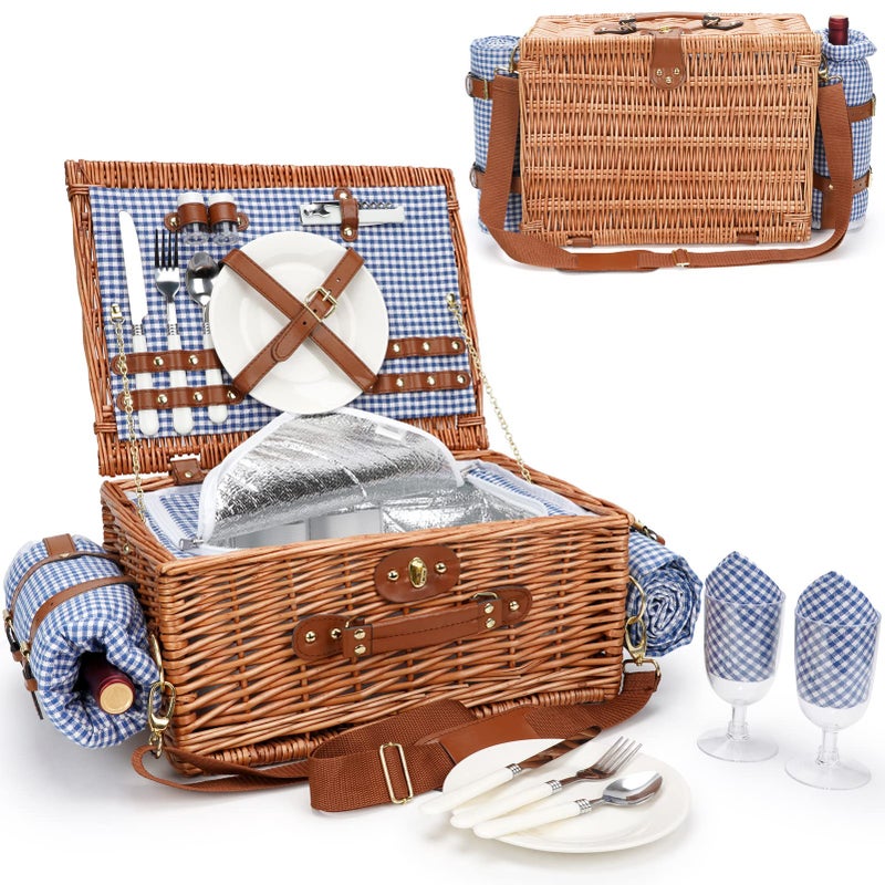 WILLOW WEAVE Picnic Baskets for 2 Picnic Basket with Waterproof Blanket Picnic Basket Set with Washable Beach Mat  Large Insulated Cooler Compartment Handmade Natural Wicker Hamper for Camping Outdoor Party 