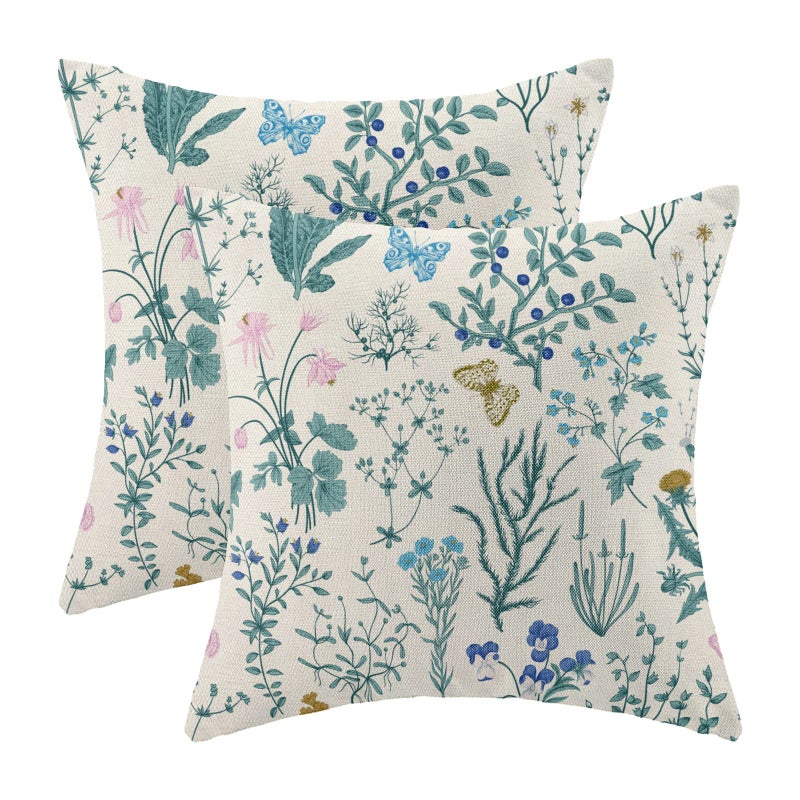 AEIOAE Spring Pillow Covers 16x16 Inch Set of 2Blue Teal Wild Flower Plant Throw Pillows CaseSeasonal Floral Outdoor Decorative Square Linen Farmhouse Decor Cushion Covers for Home Sofa Bed Couch