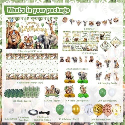 Mpanwen Safari Birthday Decorations 140Pcs Zoo Jungle Animal Theme Party Decorations Supplies for Baby  Backdrop Banner Cake Cupcake Toppers Palm Leaves Tablecloth Hanging Swirls Wall Signs - Image 5