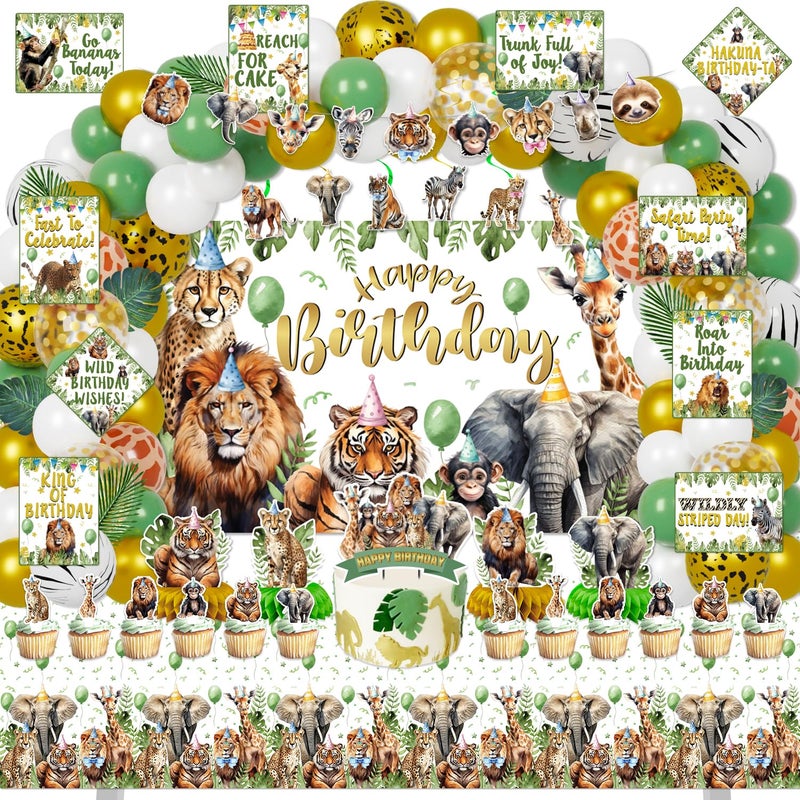 Mpanwen Safari Birthday Decorations 140Pcs Zoo Jungle Animal Theme Party Decorations Supplies for Baby  Backdrop Banner Cake Cupcake Toppers Palm Leaves Tablecloth Hanging Swirls Wall Signs - Image 3