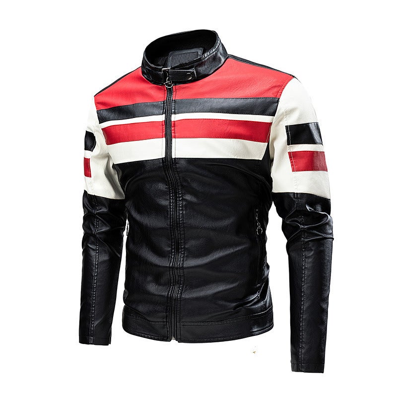 Mens Leather Clothing New Autumn and Winter Foreign Trade Stitching Handsome Motorcycle Leather Jacket Large Size Leather Clothing Fatty Mens Clothing Amazon Red thin section 