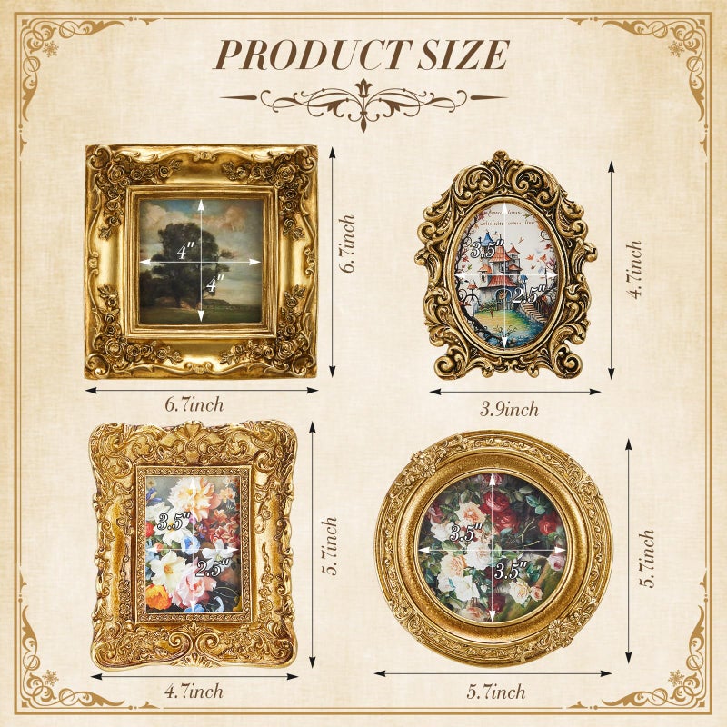 Qunclay 4 Pcs Small Vintage Picture Frame Round Rectangle Gold Ornate Antique Picture Frames for Tabletop Display Wall Hanging Home Decor(5.7" X 4.7",5.7" X 5.7",3.9" X 4.7",6.7" X 6.7") - Image 2