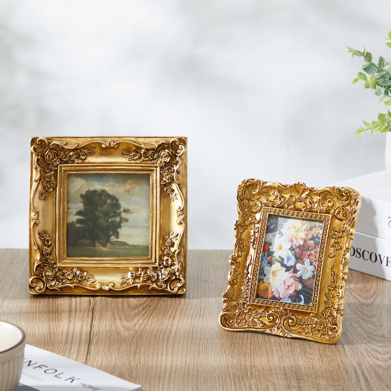 Qunclay 4 Pcs Small Vintage Picture Frame Round Rectangle Gold Ornate Antique Picture Frames for Tabletop Display Wall Hanging Home Decor(5.7" X 4.7",5.7" X 5.7",3.9" X 4.7",6.7" X 6.7") - Image 4