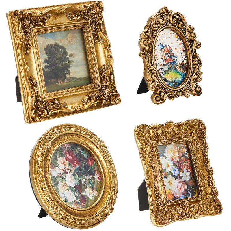 Qunclay 4 Pcs Small Vintage Picture Frame Round Rectangle Gold Ornate Antique Picture Frames for Tabletop Display Wall Hanging Home Decor(5.7" X 4.7",5.7" X 5.7",3.9" X 4.7",6.7" X 6.7") - Image 1