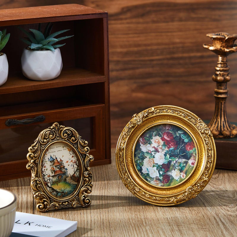 Qunclay 4 Pcs Small Vintage Picture Frame Round Rectangle Gold Ornate Antique Picture Frames for Tabletop Display Wall Hanging Home Decor(5.7" X 4.7",5.7" X 5.7",3.9" X 4.7",6.7" X 6.7") - Image 5