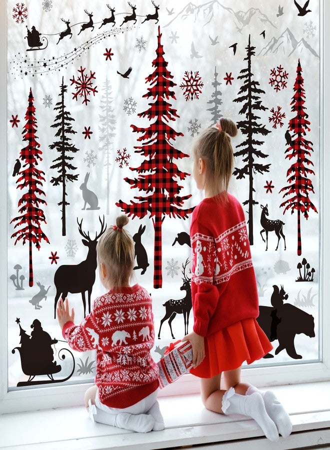 وولاين ملصقات حائط عيد الميلاد من Whaline باللونين الأحمر والأسود وشجرة عيد الميلاد وديكورات جدارية وأرضيات وغابات وحيوانات مطبوعة وورق حائط فني مقاوم للماء ومشاهد شتوية وملصقات نافذة مزدوجة الجوانب لعيد الميلاد وديكور حفلات المنزل بنفسك - Image 3