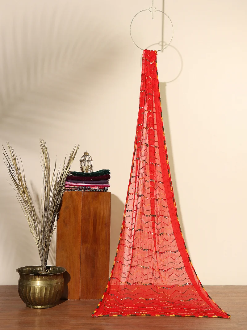 Globus Women Red Phulkari Embroidered Chiffon Taping Border Festive Dupatta