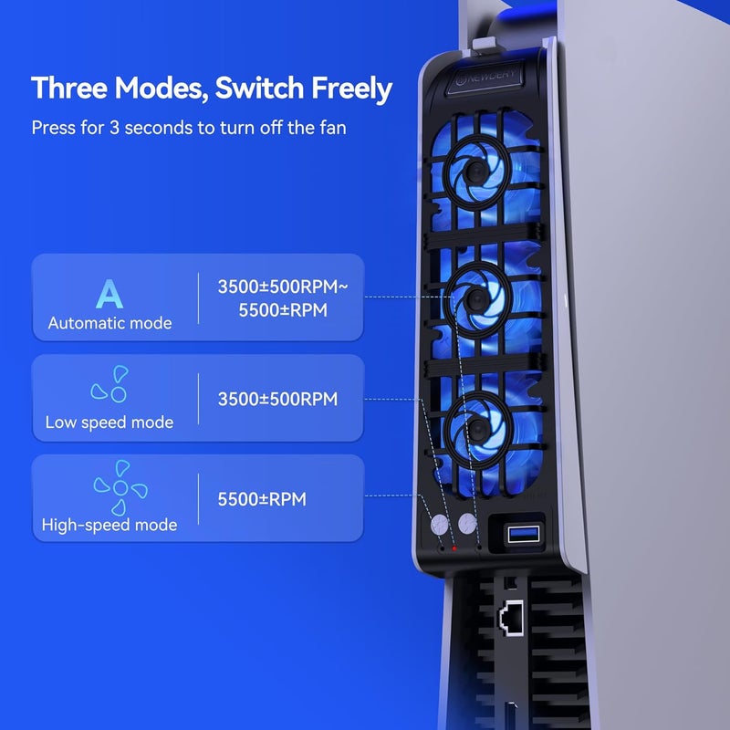 نيودري مروحة تبريد لإكسسوارات PS5، مروحة تبريد هادئة مُطوّرة بسرعة تلقائية، ومنفذ USB 3.0 للتحكم وإضاءة RGB مخصصة لـ PS5 فقط. - Image 4
