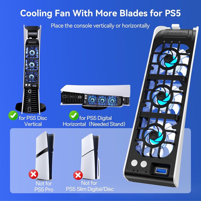 نيودري مروحة تبريد لإكسسوارات PS5، مروحة تبريد هادئة مُطوّرة بسرعة تلقائية، ومنفذ USB 3.0 للتحكم وإضاءة RGB مخصصة لـ PS5 فقط. - Image 2