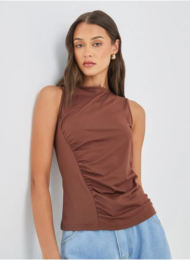 ستايلي Styli Sleeveless Ruched Detail Round Neck Knit Top
