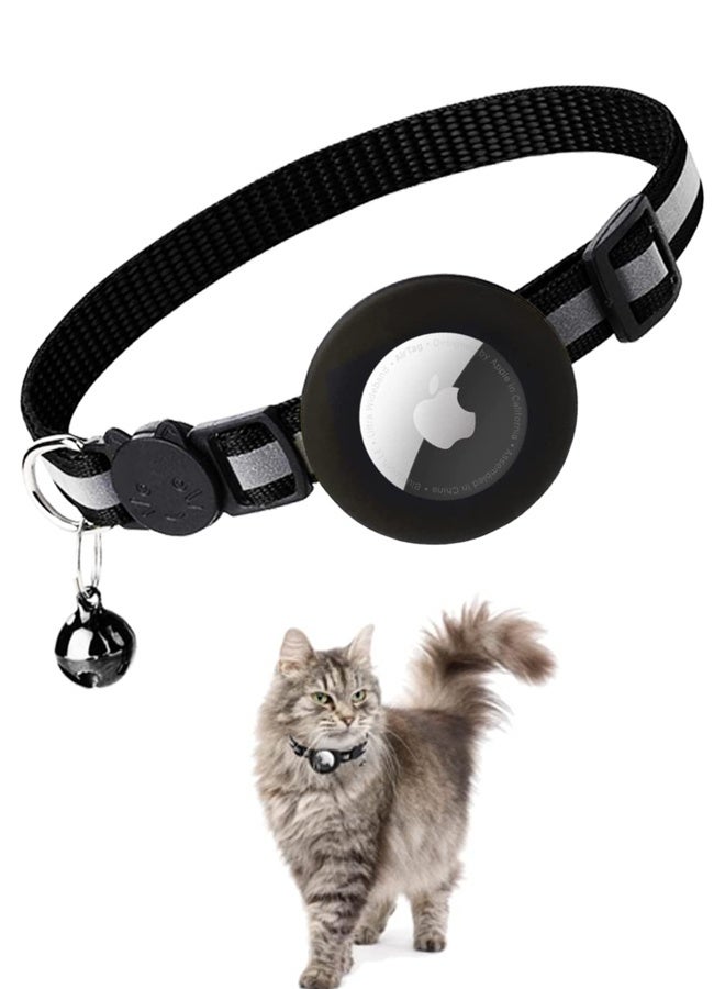 Airtag Cat Collar Breakaway, Reflective Kitten Collar with Apple Air Tag Holder and Bell for Girl Boy Cats, 1cm in Width (Black) - Image 1