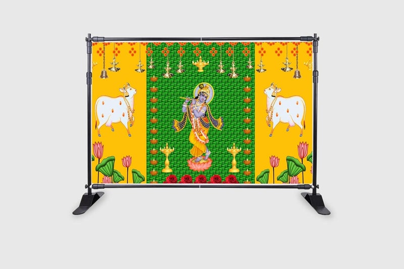 Backdropon Two Cow and Green chatiya with Shree Krishna Design Backdrop for Pooja Decoration Traditional Curtain Cloth for Festival Fabric-Polyester Size 5 Feet Height and 8 Feet Width(5 * 8) - Image 2