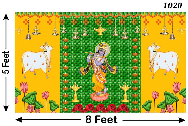 Backdropon Two Cow and Green chatiya with Shree Krishna Design Backdrop for Pooja Decoration Traditional Curtain Cloth for Festival Fabric-Polyester Size 5 Feet Height and 8 Feet Width(5 * 8) - Image 3