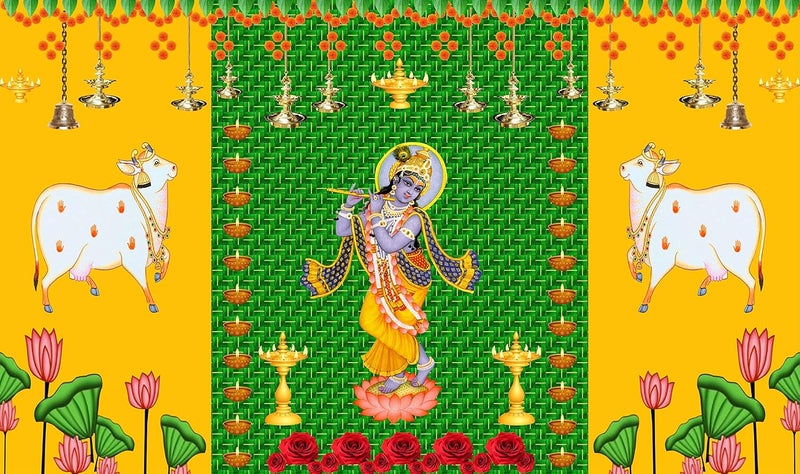 Backdropon Two Cow and Green chatiya with Shree Krishna Design Backdrop for Pooja Decoration Traditional Curtain Cloth for Festival Fabric-Polyester Size 5 Feet Height and 8 Feet Width(5 * 8) - Image 1