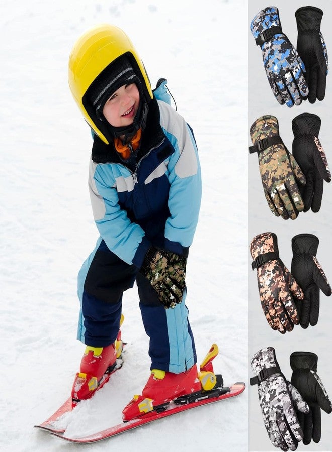 stablerice 4 Pairs Winter Gloves for Kids Waterproof Snow Ski Gloves Kids Cycling Gloves Non-Slip Full Finger Gloves for Child Warm Unisex Camouflage Clothes for Cold Weather Girls Boys Children - Image 3