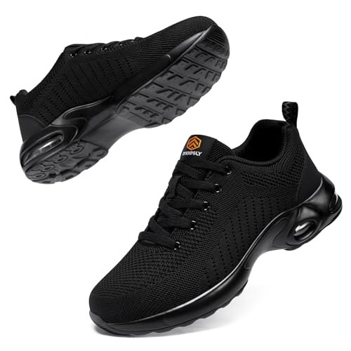 FENLERN Steel Toe Shoes for Women Lightweight Air Cushion Safety Sneakers Comfortable Slip Resistant Work Sneakers Safety Toe Tennis Shoes Indestructible Shoe (7 W, Black) - Image 1