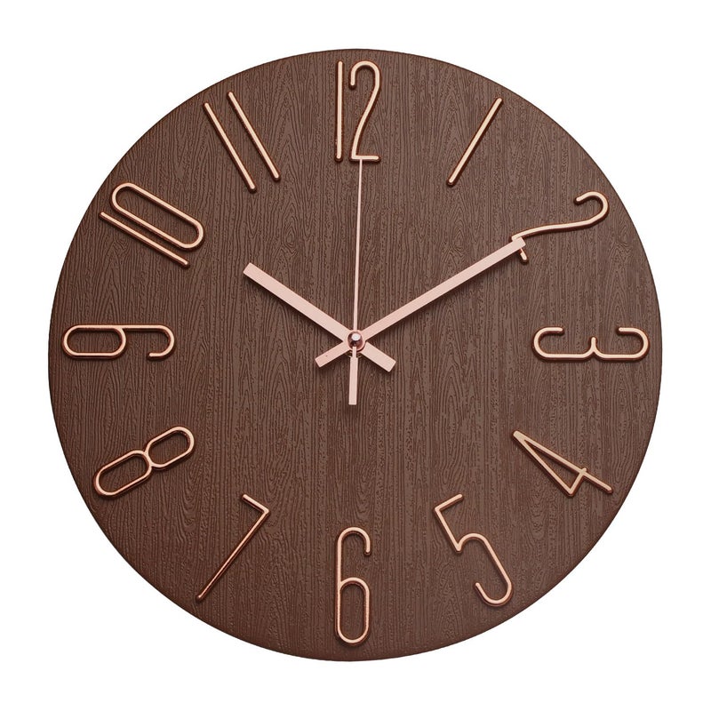 bakbrand Wall Clock 12 Inch Silent Non-Ticking Imitation Wood Indoor Clock Round Brown Decor Clock Modern 3D Figures Quartz Wall Clocks for Home, Hotel, Office, School - Image 1