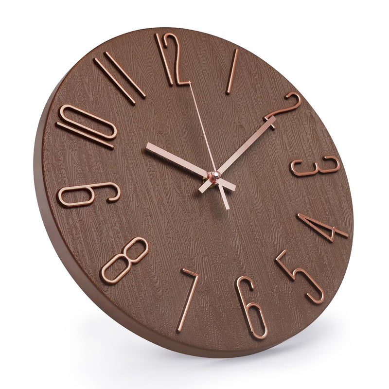 bakbrand Wall Clock 12 Inch Silent Non-Ticking Imitation Wood Indoor Clock Round Brown Decor Clock Modern 3D Figures Quartz Wall Clocks for Home, Hotel, Office, School - Image 2