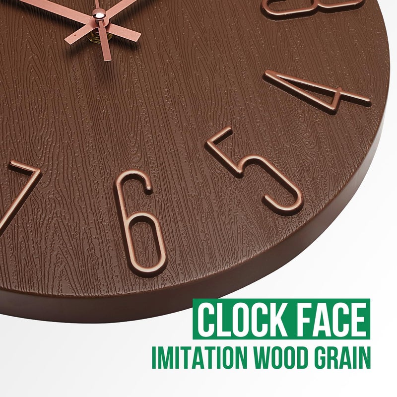 bakbrand Wall Clock 12 Inch Silent Non-Ticking Imitation Wood Indoor Clock Round Brown Decor Clock Modern 3D Figures Quartz Wall Clocks for Home, Hotel, Office, School - Image 5