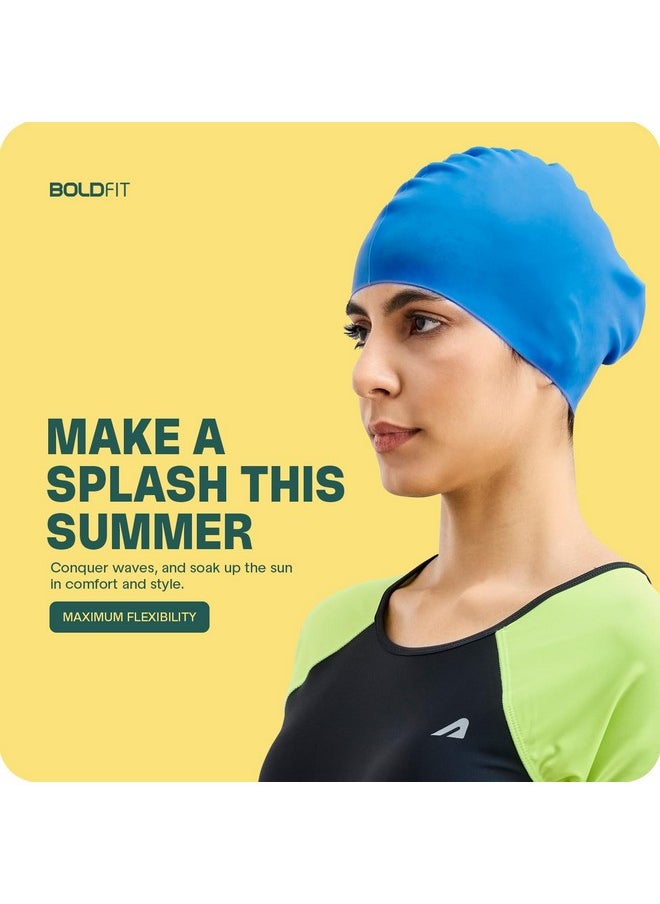 بولد فيت قبعة سباحة Boldfit للنساء، قبعات سباحة طويلة من السيليكون للنساء، قبعة سباحة للفتيات ذوات الشعر الطويل، قبعة سباحة للنساء ذوات الشعر الطويل للشعر الجاف، قبعة سباحة للشعر الطويل، سهلة التركيب - أزرق  - Image 4