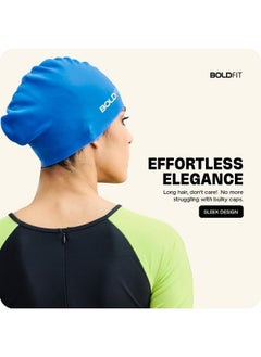 بولد فيت قبعة سباحة Boldfit للنساء، قبعات سباحة طويلة من السيليكون للنساء، قبعة سباحة للفتيات ذوات الشعر الطويل، قبعة سباحة للنساء ذوات الشعر الطويل للشعر الجاف، قبعة سباحة للشعر الطويل، سهلة التركيب - أزرق  - Image 2