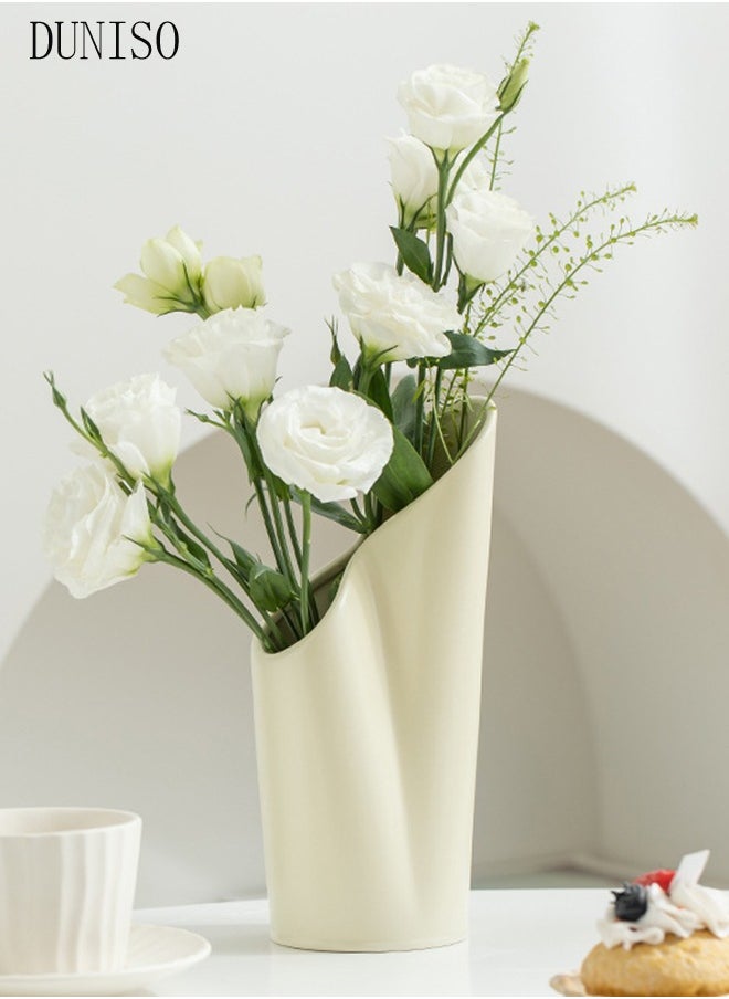 DUNISO Modern Irregularity Hollow Ceramic Flower Vase White for Table Centerpiece Wedding Dining Living Room Office House Decoration  - Image 1