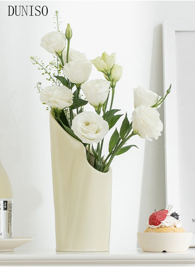 DUNISO Modern Irregularity Hollow Ceramic Flower Vase White for Table Centerpiece Wedding Dining Living Room Office House Decoration  - Image 2