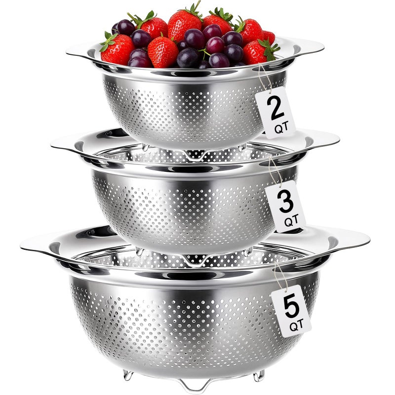 Tinsky 3 Pcs Stainless Steel Colander Strainer Set Metal Colander for Kitchen Pasta Strainer for Rice Food Fruits Spaghetti Vegetables (2QT, 3QT, 5QT) - Image 1
