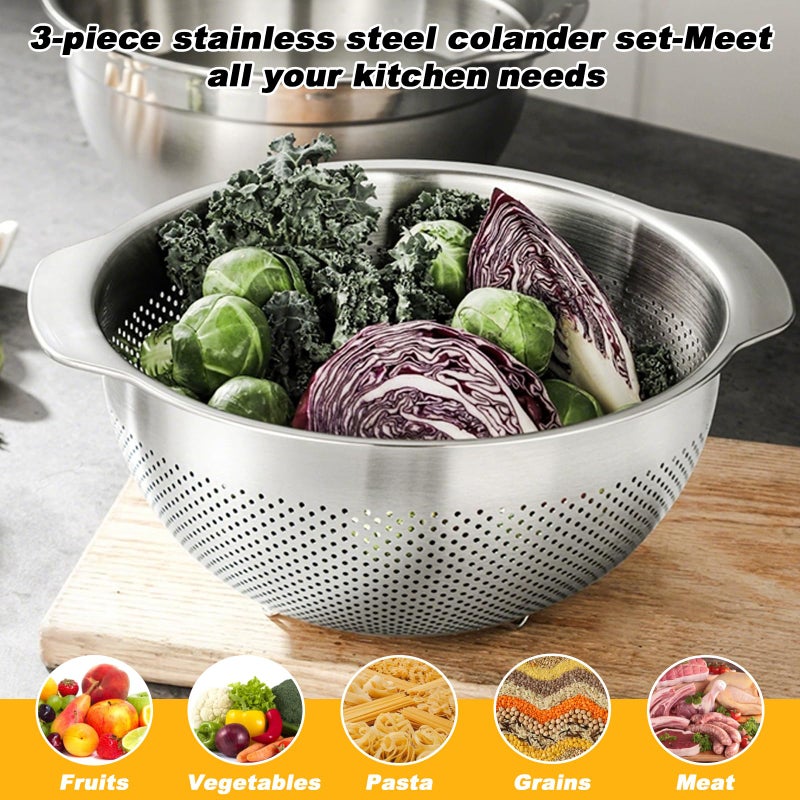 Tinsky 3 Pcs Stainless Steel Colander Strainer Set Metal Colander for Kitchen Pasta Strainer for Rice Food Fruits Spaghetti Vegetables (2QT, 3QT, 5QT) - Image 3