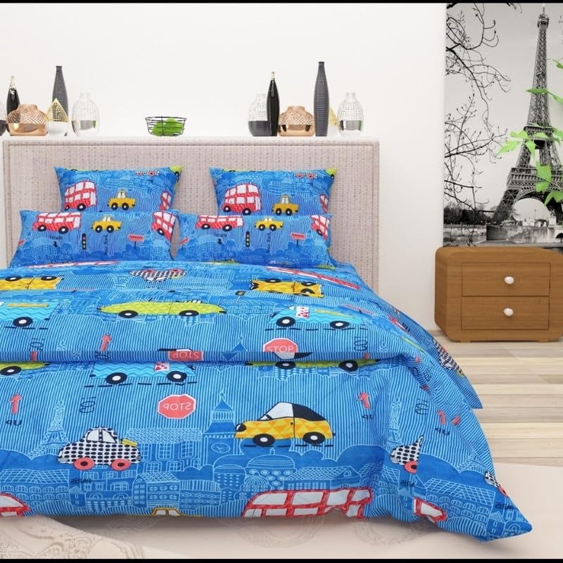 CLICKCART Glace Cotton Prime Collection Ultrasoft Skin Friendly Cartoon Print for Kids Flat Double Bedsheet with 2 Pillow Covers 90 x 100 Inch Cars with Road Signs Kidzee1  - Image 1