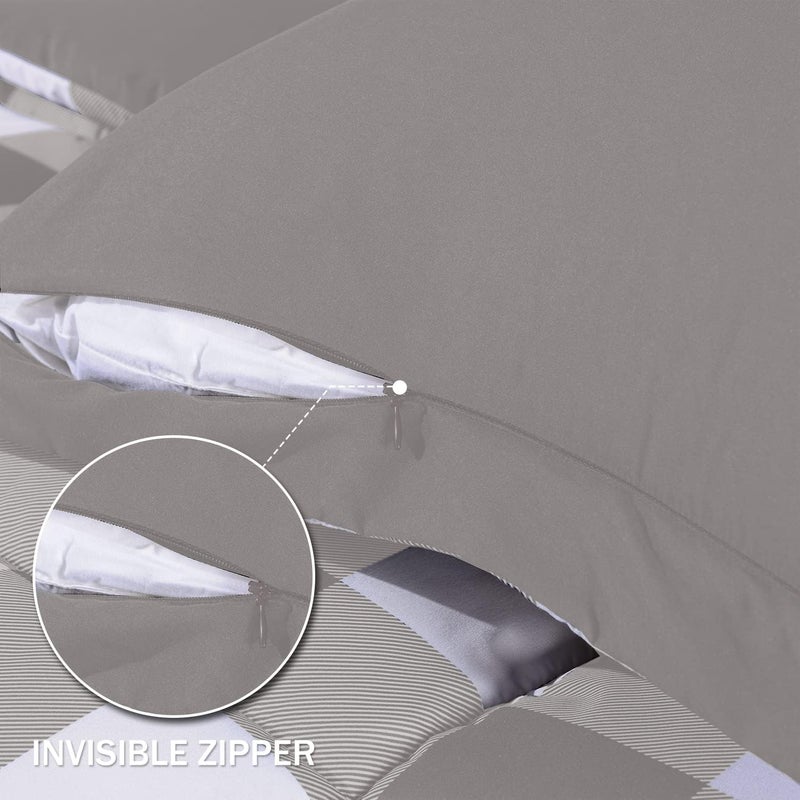 downluxe Lightweight Plaid Comforter Set (Queen) with 2 Pillow Sham - 3-Piece Set - Grey/White Plaid - Down Alternative Reversible Comforter - Image 5