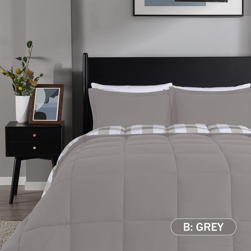downluxe Lightweight Plaid Comforter Set (Queen) with 2 Pillow Sham - 3-Piece Set - Grey/White Plaid - Down Alternative Reversible Comforter - Image 3