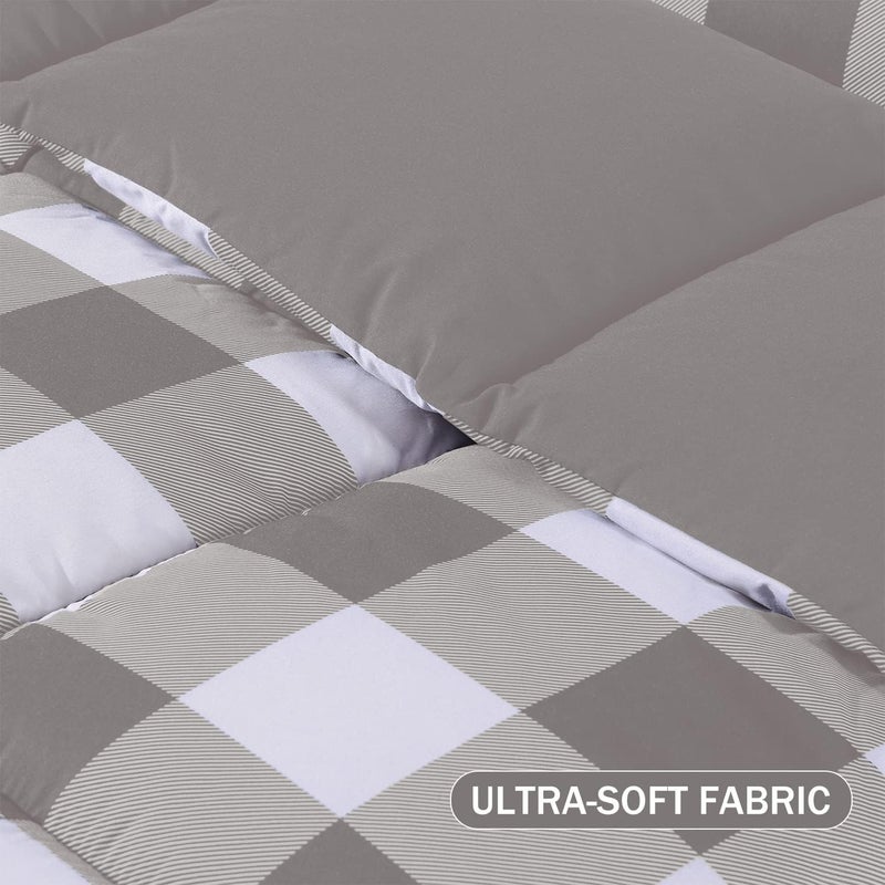 downluxe Lightweight Plaid Comforter Set (Queen) with 2 Pillow Sham - 3-Piece Set - Grey/White Plaid - Down Alternative Reversible Comforter - Image 4