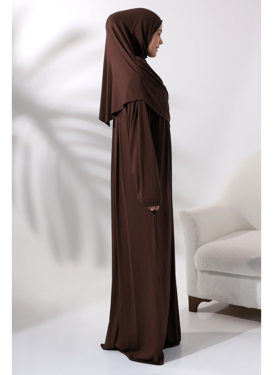 İhvan Online Ihvan Online One Piece Practical Headscarf Robe Prayer Dress 8015 Dark Brown  - Image 2