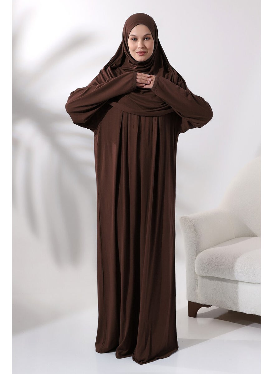 İhvan Online Ihvan Online One Piece Practical Headscarf Robe Prayer Dress 8015 Dark Brown  - Image 1