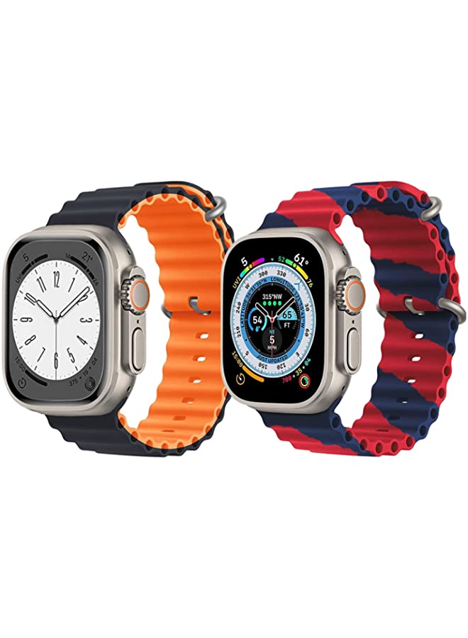 IAF Silicone Ocean Band Strap for Apple Watch Ultra 8 49mm Black/Orange2 Double Side Strap with Red/Blue Double Line Strap Set of 2
