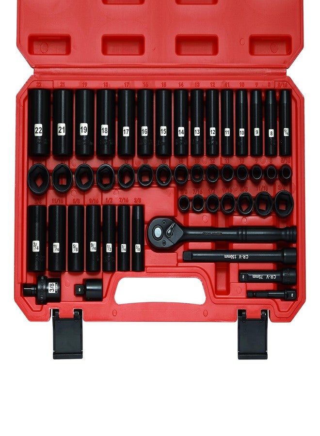 Mayouko 3/8” Drive Impact Socket Set, 50-Piece Standard SAE(5/16”-3/4”) and Metric Size(8-22mm), Deep & Shallow, 6 Point, CR-V, 72-Tooth Ratchet Wrench Handle, Extension Bars, Universal Joint - Image 1