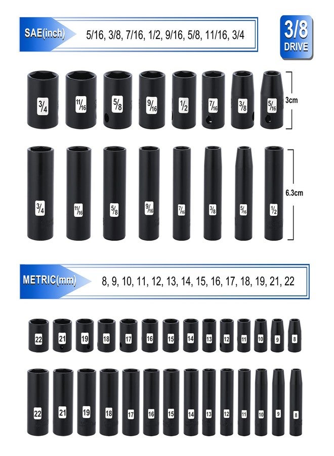 Mayouko 3/8” Drive Impact Socket Set, 50-Piece Standard SAE(5/16”-3/4”) and Metric Size(8-22mm), Deep & Shallow, 6 Point, CR-V, 72-Tooth Ratchet Wrench Handle, Extension Bars, Universal Joint - Image 2