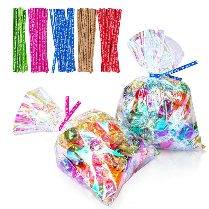 Cherodada 5x7 Inch Iridescent Cellophane Treat Bags with Twist Ties, Treat Bags for Candy Cookie Goodie Chocolates, And Popcorn - Image 1