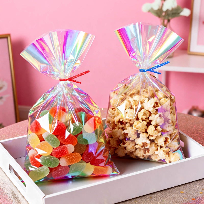 Cherodada 5x7 Inch Iridescent Cellophane Treat Bags with Twist Ties, Treat Bags for Candy Cookie Goodie Chocolates, And Popcorn - Image 2