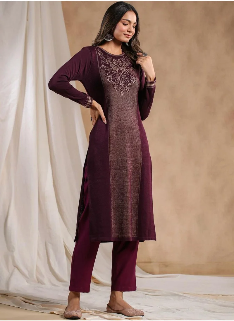 آي شين Women's Mauve Polyester Blend Embellished Tunic Straight Fit Kurta