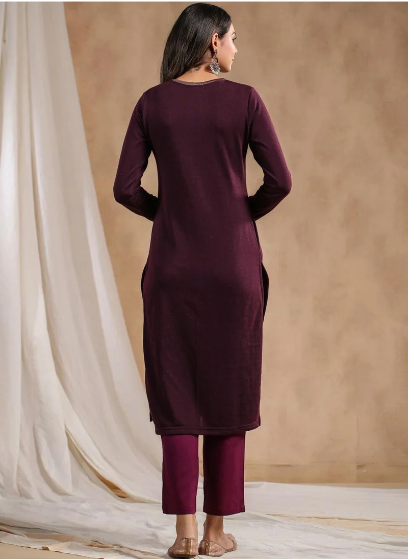 آي شين Women's Mauve Polyester Blend Embellished Tunic Straight Fit Kurta